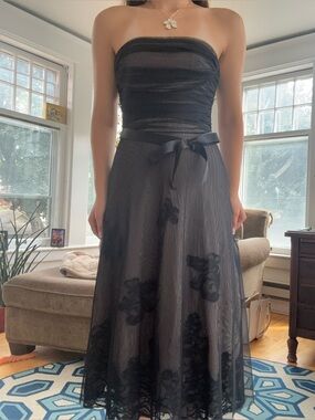 Macy's Black Strapless Midi Dress with Bow Waist